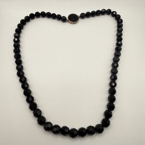 Vintage Faceted Black Glass Bead Necklace 18 Inch Decorative Box Clasp Jewelry